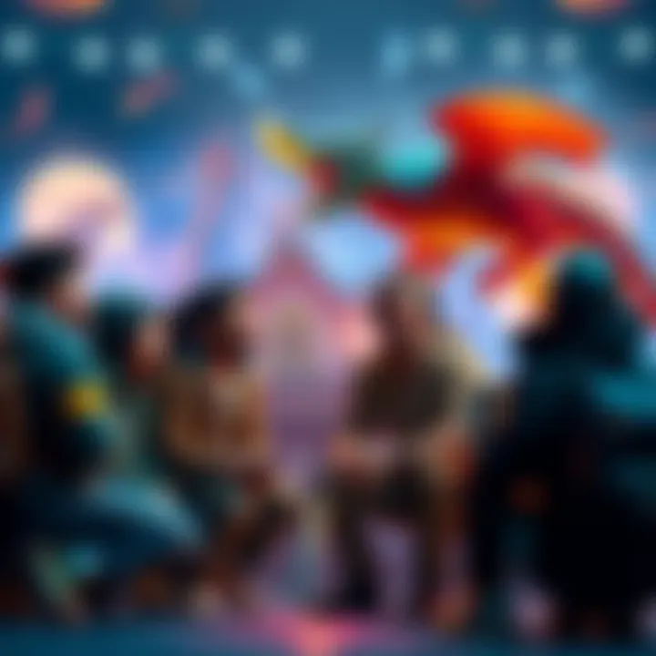 A group of gamers chatting about virtual epic items like swords and dragons, showing mixed emotions about spending money on them.