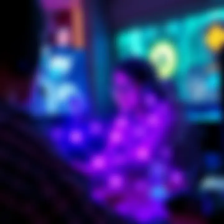 A gamer interacts with blockchain elements while playing a video game, showing traditional gaming merging with modern technology.