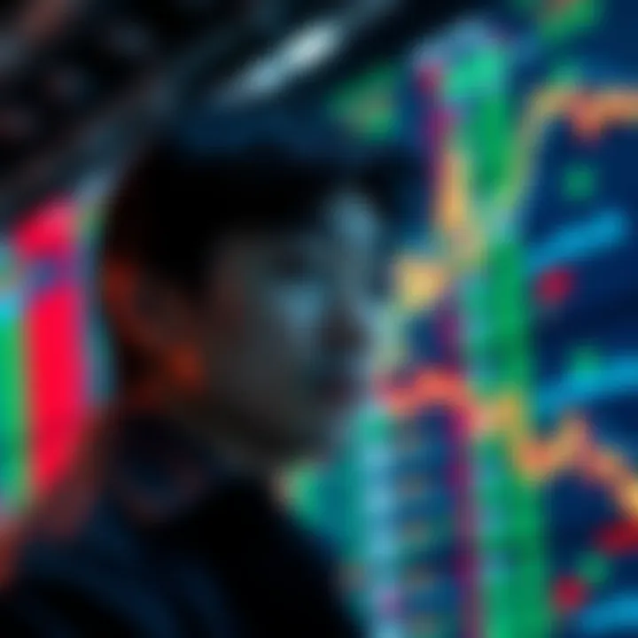 Garrett Jin looking concerned as stock prices fall dramatically on a screen behind him, symbolizing trading losses.