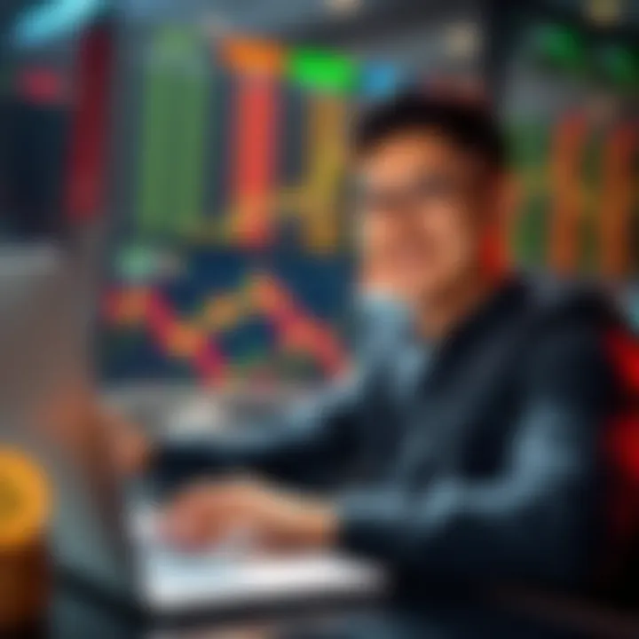 Garrett Jin smiles while analyzing trading charts on a laptop, showcasing his profit rebound in cryptocurrency and stock markets.