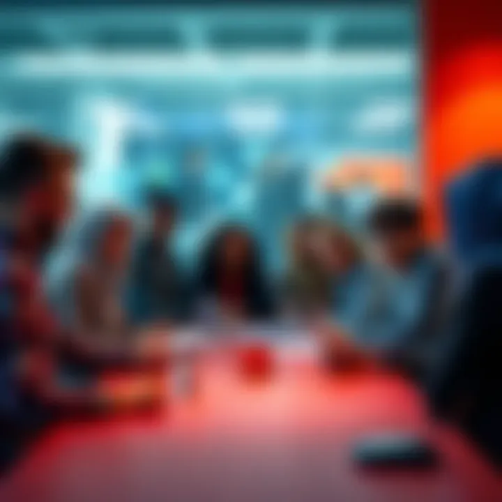 A group of diverse people discussing crypto guidelines around a table, fostering a positive community spirit.