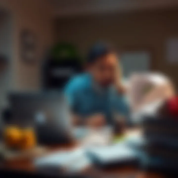 A Colombian geologist sits at a desk looking frustrated while on a laptop, papers scattered around, showing signs of a financial struggle with a bank.
