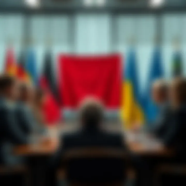 A meeting between German officials and Ukrainian representatives discussing refugee male identification efforts. Flags of Germany and Ukraine are visible in the background.