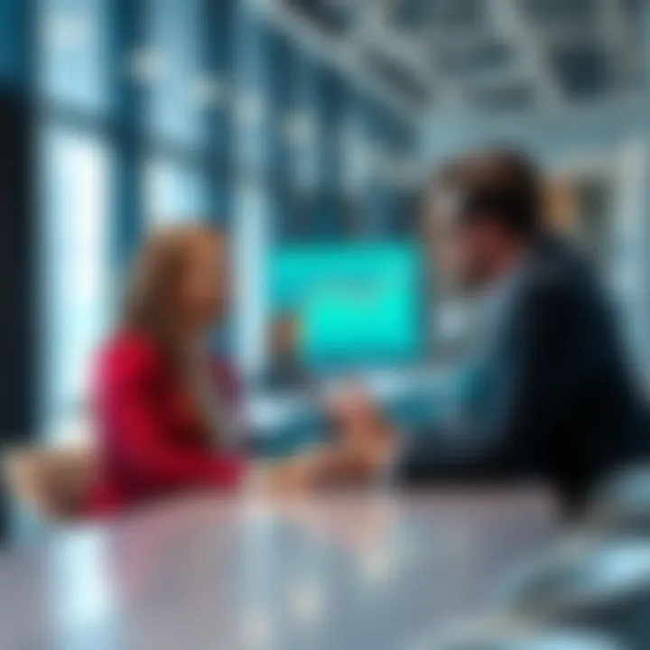 Gianna speaking with Steven Ward, CEO of VyFinance, in a modern office setting about DEX upgrades