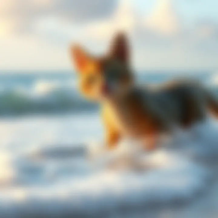 Giantess DragonCat at the beach Giantess DragonCat playing at the beach, enjoying the sun and waves with a cheerful expression.