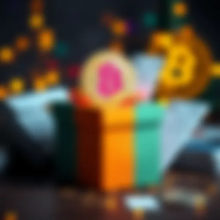 A colorful gift box with a Bitcoin symbol on top, surrounded by paper wallets and seed phrases, representing innovative gifting methods.