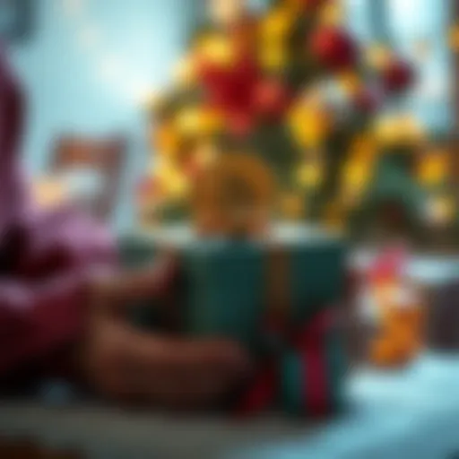 Person wrapping a small gift box with a Bitcoin symbol on top and festive decorations around it