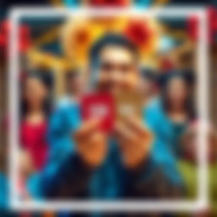 A person holding a $50 gift card with excited expressions in a festive setting