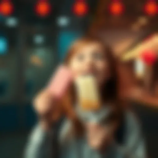 A girl reacts with surprise and joy as a popsicle appears unexpectedly in front of her
