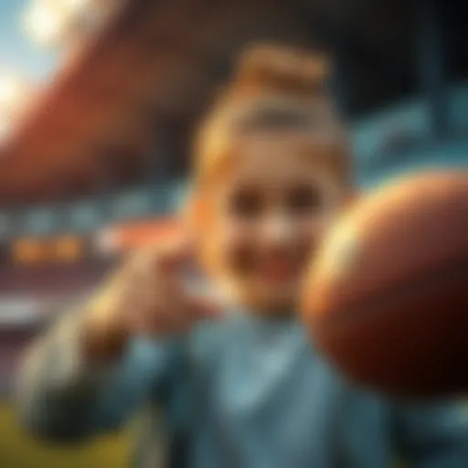 A girl pointing at a round object, confused, thinking it is a football, with a lighthearted expression on her face.