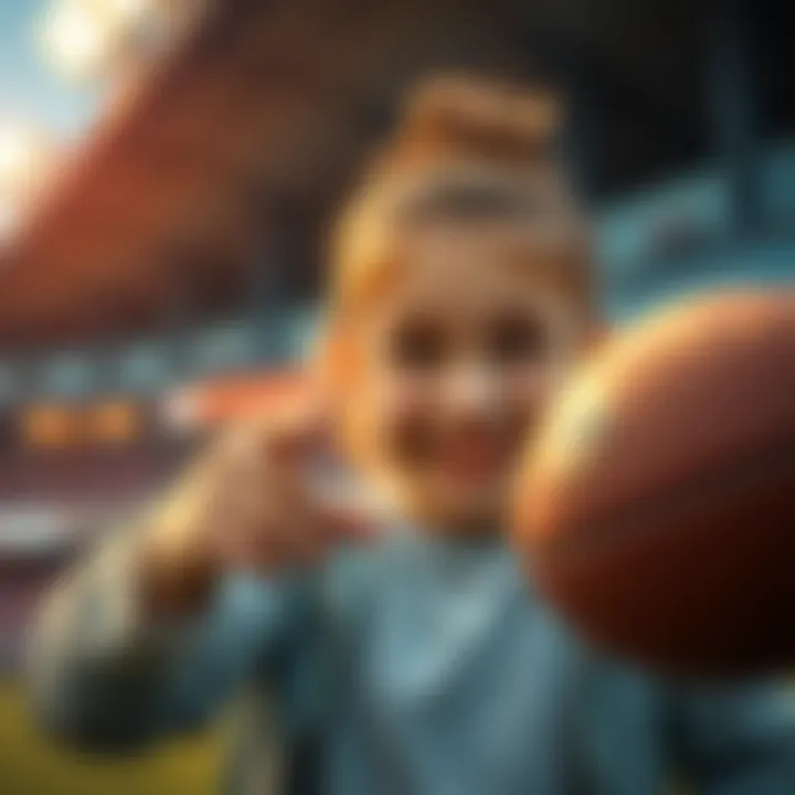 A girl pointing at a round object, confused, thinking it is a football, with a lighthearted expression on her face.