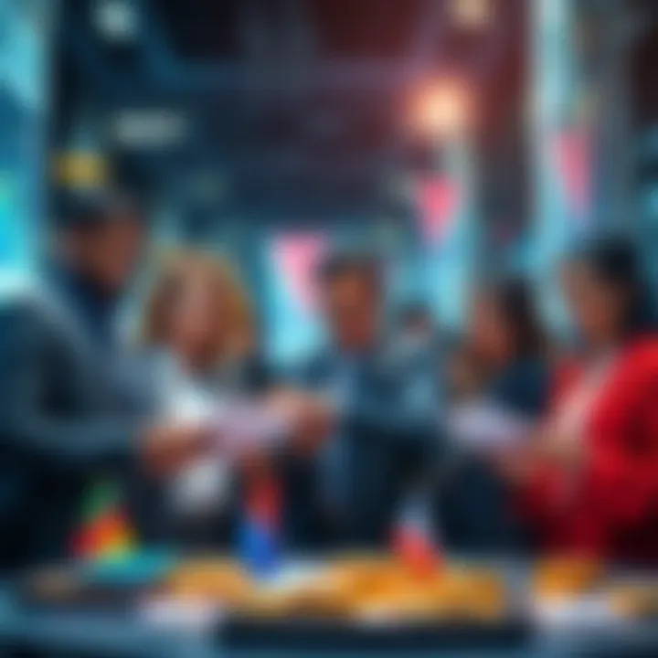 Global payroll with stablecoins A diverse group of professionals from different countries interacting over digital payment platforms, symbolizing international payroll through stablecoins.