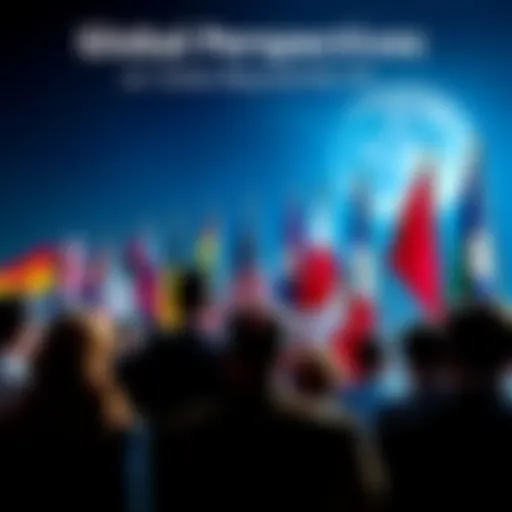 People from different countries discussing their views on Bitcoin with flags in the background.