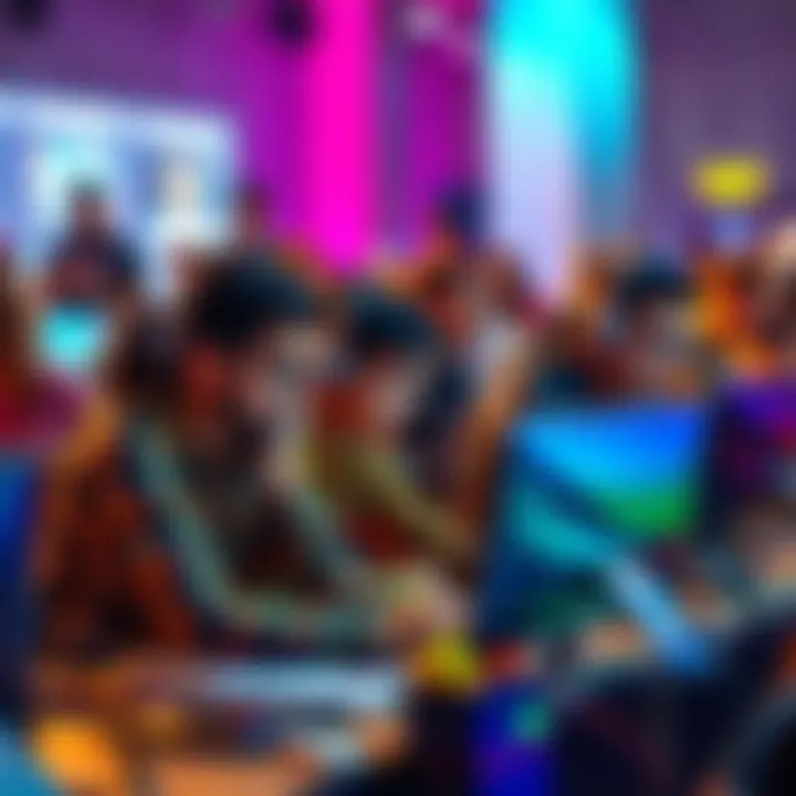 A diverse group of people collaborating at a hackathon event with computers and tech tools, showcasing teamwork and innovation.