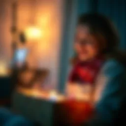 A person opening a package that emits a soft glow, revealing exciting items inside, with a look of anticipation on their face.