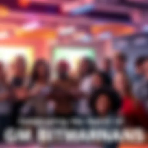 A group of diverse individuals coming together, smiling and sharing ideas in a lively community event for GM BitMartians.