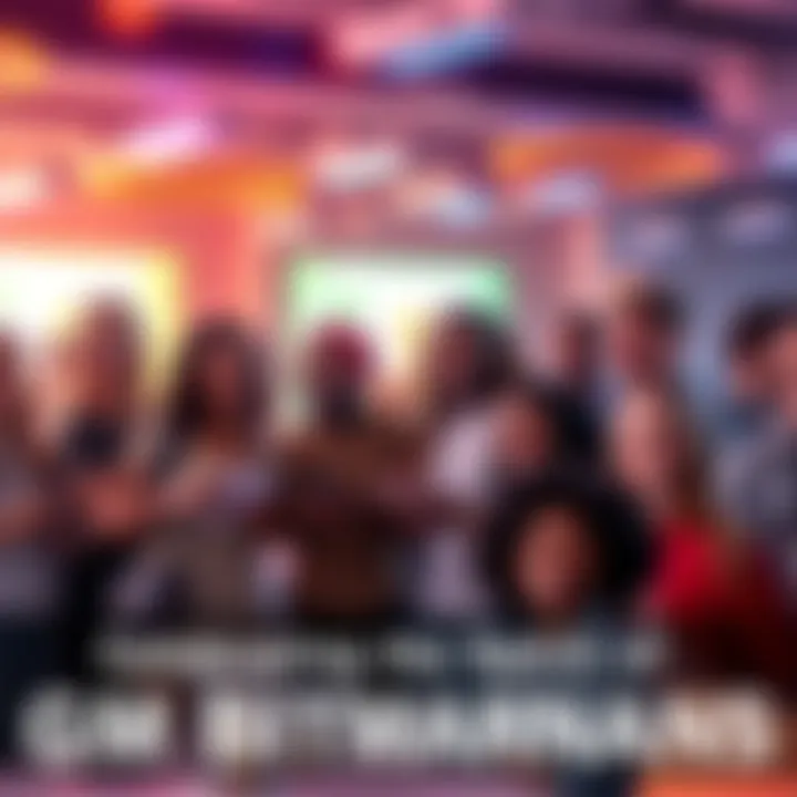 A group of diverse individuals coming together, smiling and sharing ideas in a lively community event for GM BitMartians.