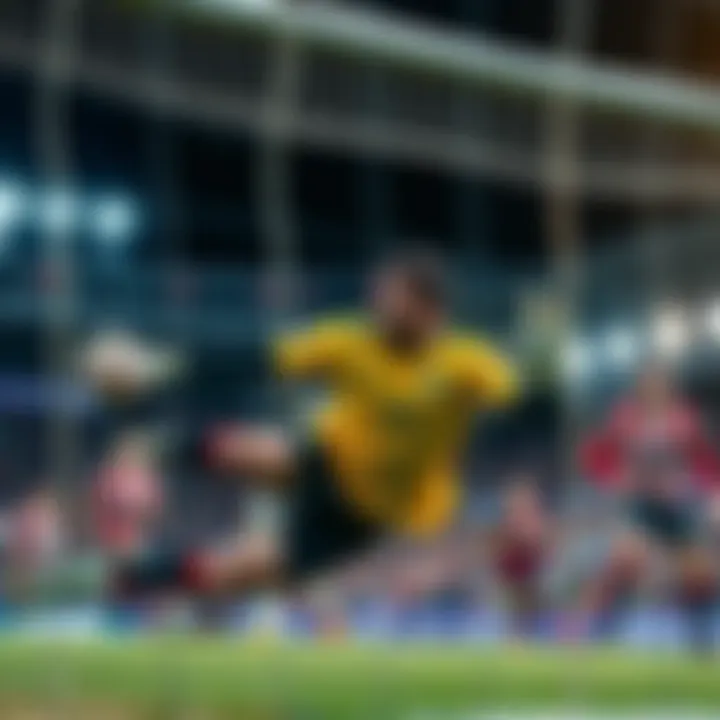 A goalkeeper in a soccer match, diving to make a save, with players in the background
