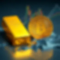 A gold bar gleaming beside a downward trending Bitcoin symbol, illustrating the contrasting market trends.