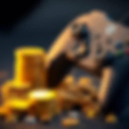 A pile of gold coins next to a gaming controller, symbolizing the choice between investing in gold and playing video games.