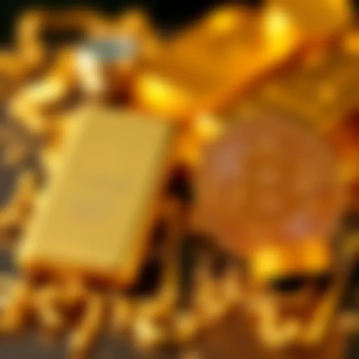 A visual display showing a gold bar and a Bitcoin symbol side by side, representing their value comparison.