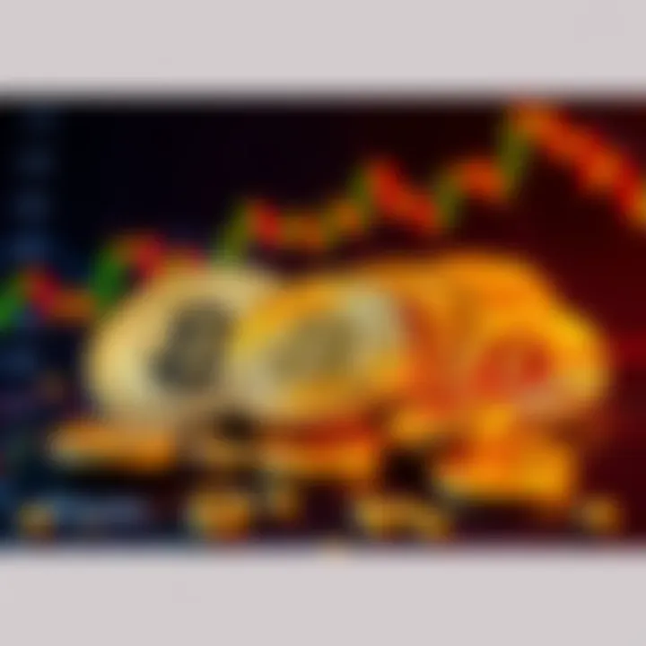 Gold coins and Bitcoin symbols on a background with financial charts, representing the link between these two assets.