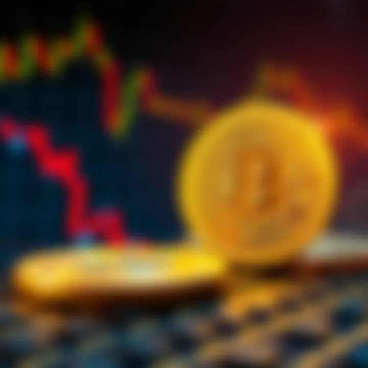 Gold coin shining next to a plummeting Bitcoin symbol