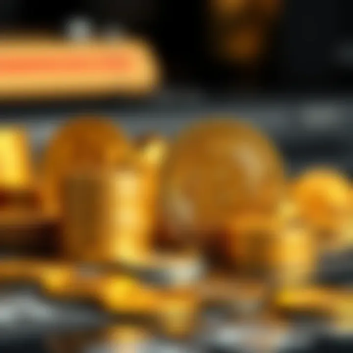 A stack of gold coins next to Bitcoin coins on a table, representing a trade between gold and cryptocurrency.