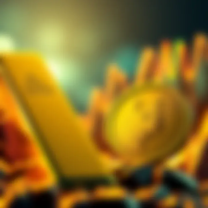 A rising gold bar next to a Dogecoin logo with a caution symbol, representing market trends