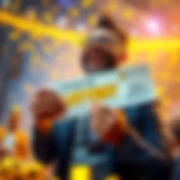 A joyful gold investor holding a lottery ticket and gold bars, celebrating their life-changing win.