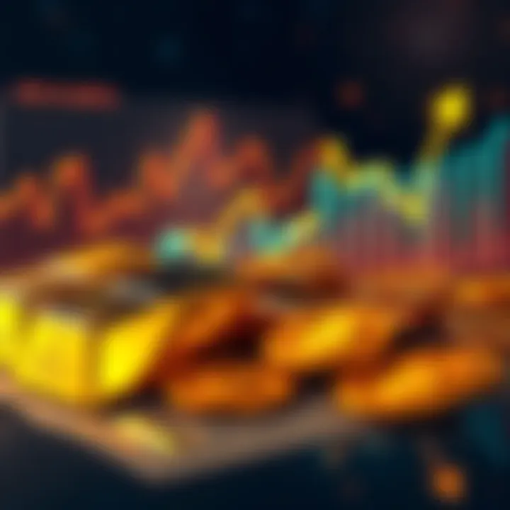 Gold bars and coins displayed with a graphic showing rising prices, reflecting high demand amid geopolitical tensions