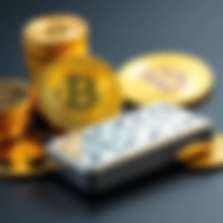 A visual comparison of gold coins, silver bars, and a Bitcoin symbol, highlighting the debate between traditional assets and cryptocurrency