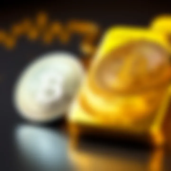 A gold bar and a Bitcoin symbol side by side, illustrating the contrast between gold's value and Bitcoin's digital currency.