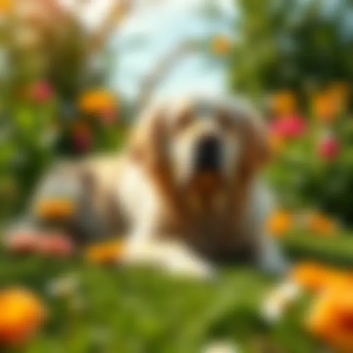 A golden retriever lying in a sunny garden, surrounded by flowers, symbolizing love and remembrance.