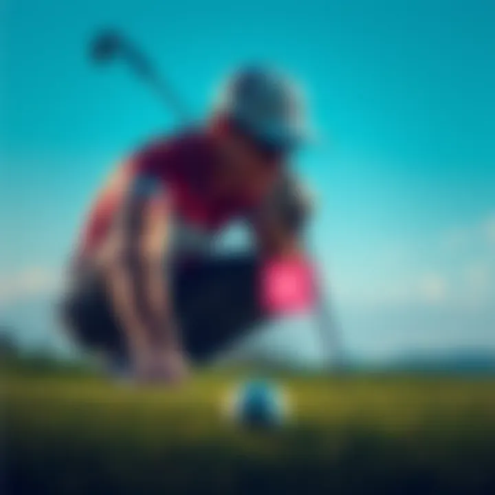 A golfer lining up a shot, concentrating intensely on hitting the ball toward a pink target in the distance