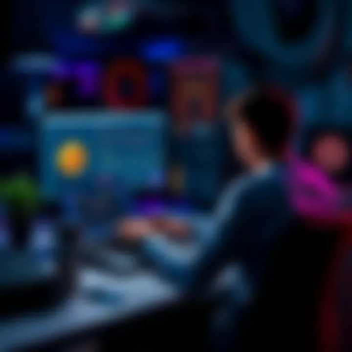 A person sitting at a desk with a laptop, looking at GoMining reviews, with Bitcoin graphics on the screen and mining equipment in the background.