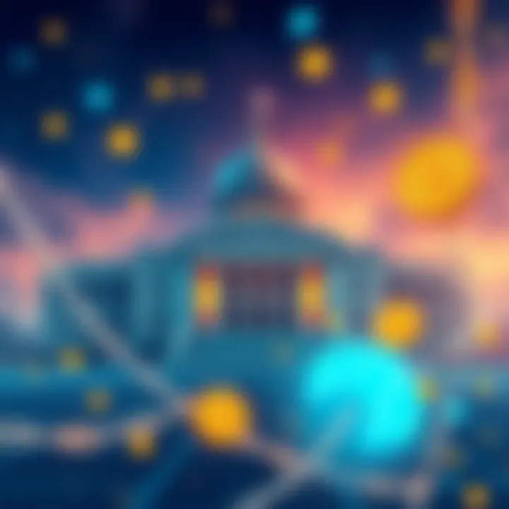 An illustration showing a government building next to blockchain symbols like coins and chains, representing the relationship between state-issued stablecoins and the blockchain.