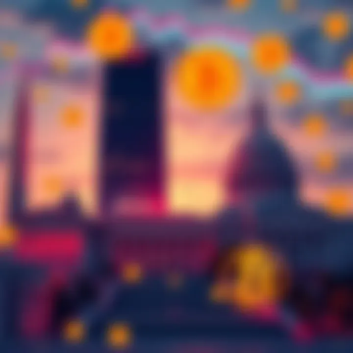 A visual representation of government buildings and Bitcoin symbols, showcasing the rise of institutional investment in cryptocurrency.