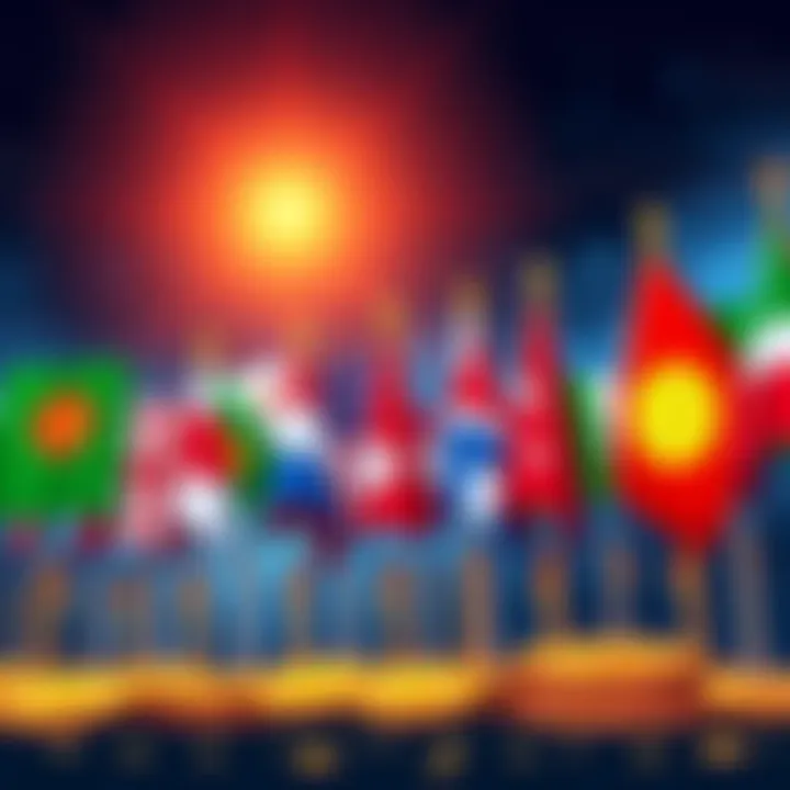 Illustration showing flags of various countries with Bitcoin symbols, representing governments involved in Bitcoin mining.