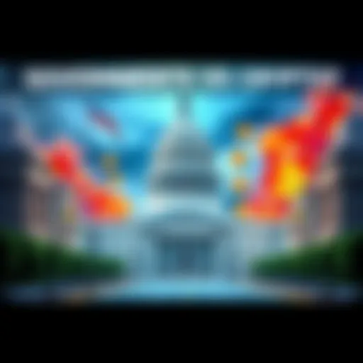 A graphic showing a clash between government buildings and cryptocurrency symbols, representing the ongoing regulatory battle.