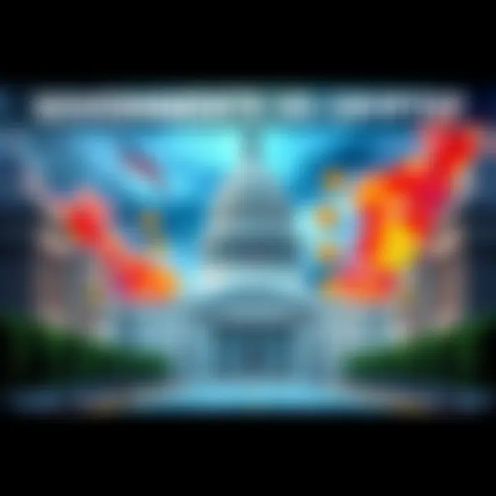 A graphic showing a clash between government buildings and cryptocurrency symbols, representing the ongoing regulatory battle.