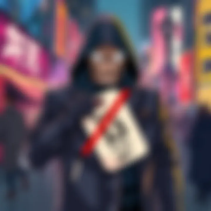 A digital illustration of a bold figure representing Gr33nHatt3R with a crossed-out price tag, symbolizing the ban on investment price discussions