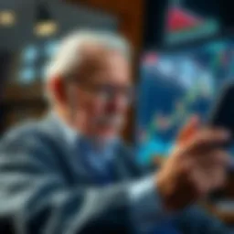 An elderly man looking at financial charts and considering investing in a cryptocurrency with a thoughtful expression