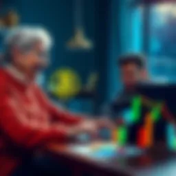 An elderly woman sitting at a table with a laptop, listening to her grandson explain Bitcoin with a smile, colorful charts in front of them.