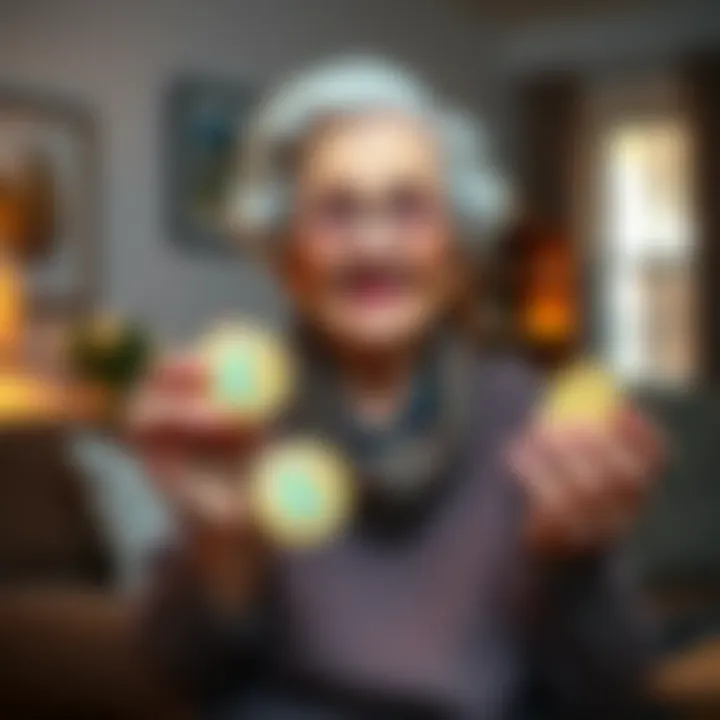 Grandma holding Litecoin coins An older woman smiling while holding Litecoin coins in her hands, surrounded by a cozy living room setting