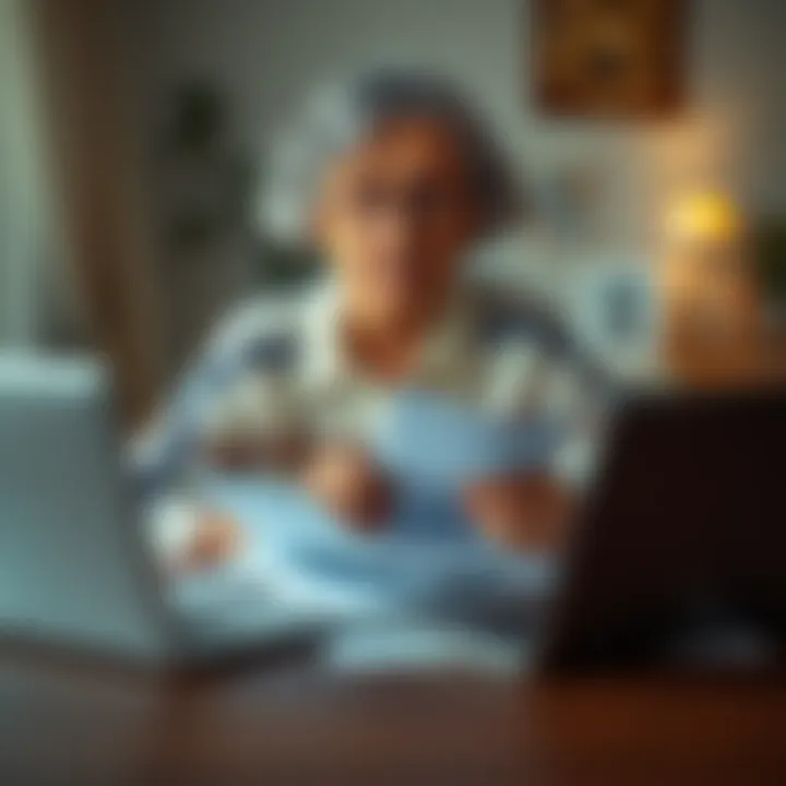 A worried grandmother sits at a table surrounded by financial papers and a laptop, reflecting on her investment losses in cryptocurrency.