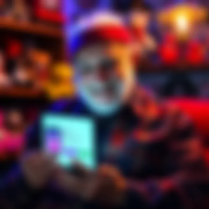An elderly man smiling while holding a tablet showing a digital currency app, with nostalgic items like Beanie Babies in the background.