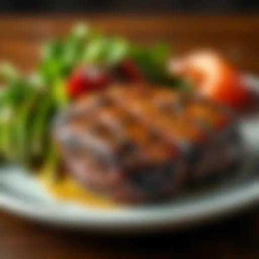 A juicy 100% grass-fed steak cooked to perfection, served on a plate with a side of fresh vegetables and herbs, showcasing its tenderness and rich flavor.