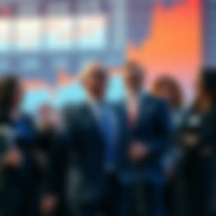 A group of business professionals standing together, expressing gratitude and appreciation for Powell's influence on monetary policy, with charts and economic reports in the background.