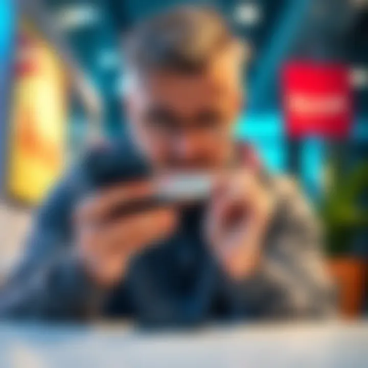 A Greek customer looks worried while holding a phone showing a Revolut account restriction message